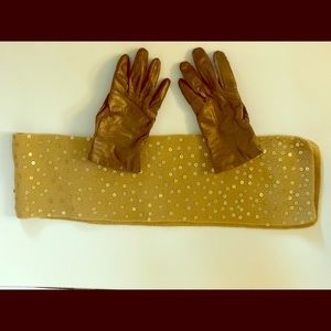 Gold leather gloves & camel scarf w/ gold sequins